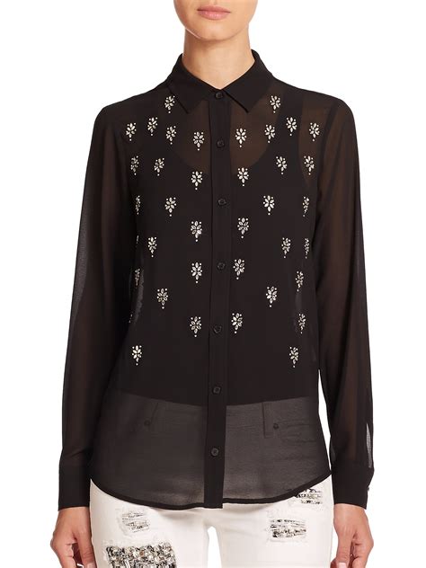 michael kors black blouse with gold embellishments on pockets|Michael Kors layered look top.